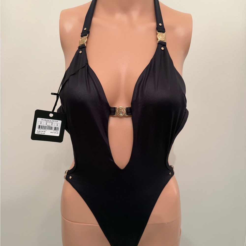 Honey Birdette Black Halter One-Piece Swimsuit with Gold Accents